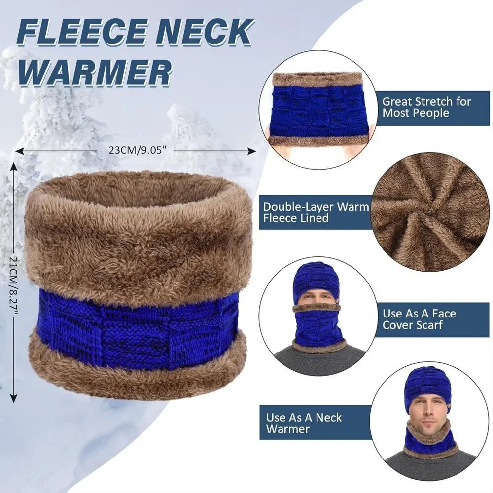 Men's Royal Blue Winter Warm Knit Skull Cap Neck Warmer Fleece Lined Scarf Set